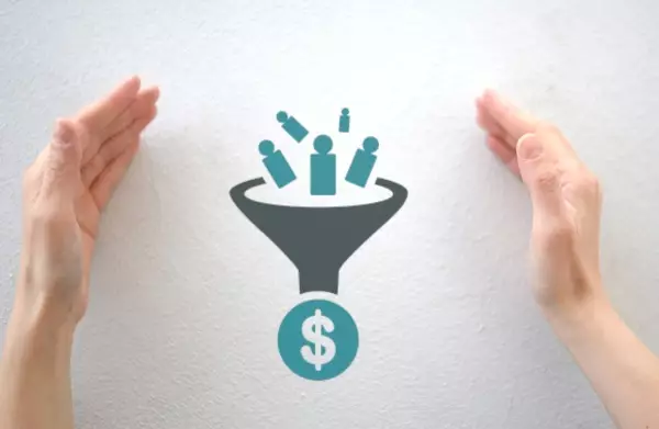 Marketing sales funnel chart enclosed by female hands, customer journey from lead to order